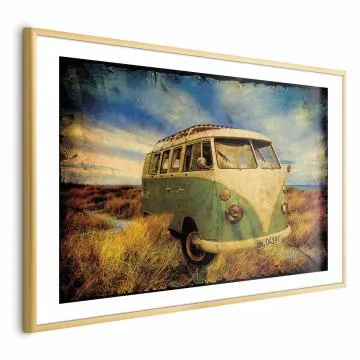 Plakat Retro bus 42x29,7 cm z ramą złotą z marginesem