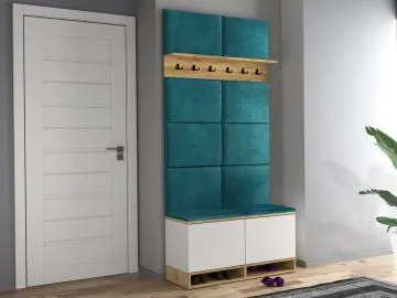 Szafka na buty z siedziskiem i wieszakiem DUBAI biała/dąb craft/zielona