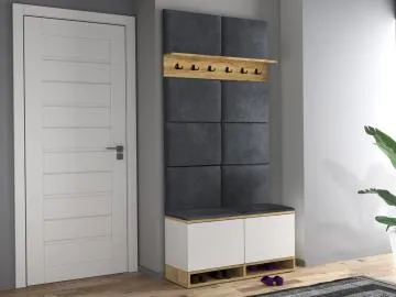 Szafka na buty z siedziskiem i wieszakiem DUBAI biała/dąb craft/szara