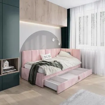 Łóżko młodzieżowe AURA 2 120x200 różowe z tapicerowanym panelem L i szufladą