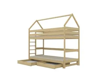 Łóżko piętrowe domek TOBI 1 160x80 sosna nielakierowana z szufladami