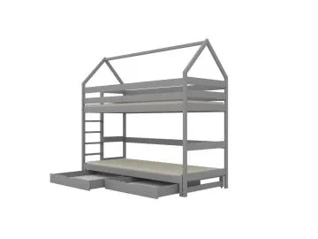 Łóżko piętrowe domek TOBI 1 200x80 szare drewniane z szufladami