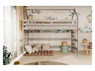 Łóżko domek na antresoli TOBI 1 200x90 szare drewniane