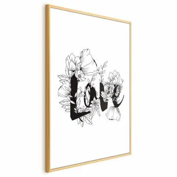 Plakat Love w kwiatach 21x30 cm z ramą złotą z marginesem