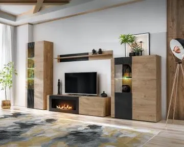 Szafka RTV ARON 160cm dąb ribbeck/czarny mat z biokominkiem