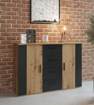 Komoda SIGMA 2D4S 132cm dąb artisan/czarny mat z szufladami
