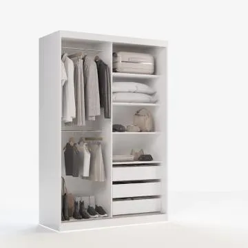Szafa przesuwna SELLY BOX 140cm biała mat z szufladami, półkami i drążkami