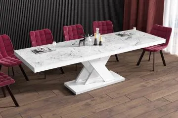 Stół rozkładany XENON LUX 160(256)x89 biały marmur venatino/biały połysk