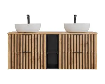 Szafka pod umywalkę nablatową XILO BLACK WOTAN 82 czarna/dąb x2 + regał - zestaw 140 cm z blatem