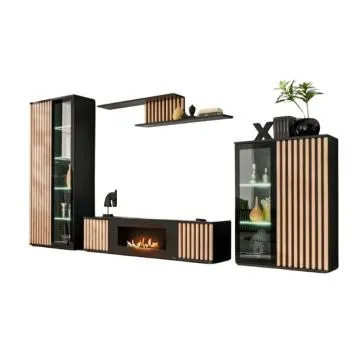 Meblościanka CAMERON LED hickory jackson/czarna z biokominkiem