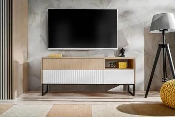 Szafka RTV ZOE 148 2K1S jodełka scandi/biały mat
